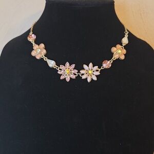 Floral Pink Crystal Gold-Tone Necklace